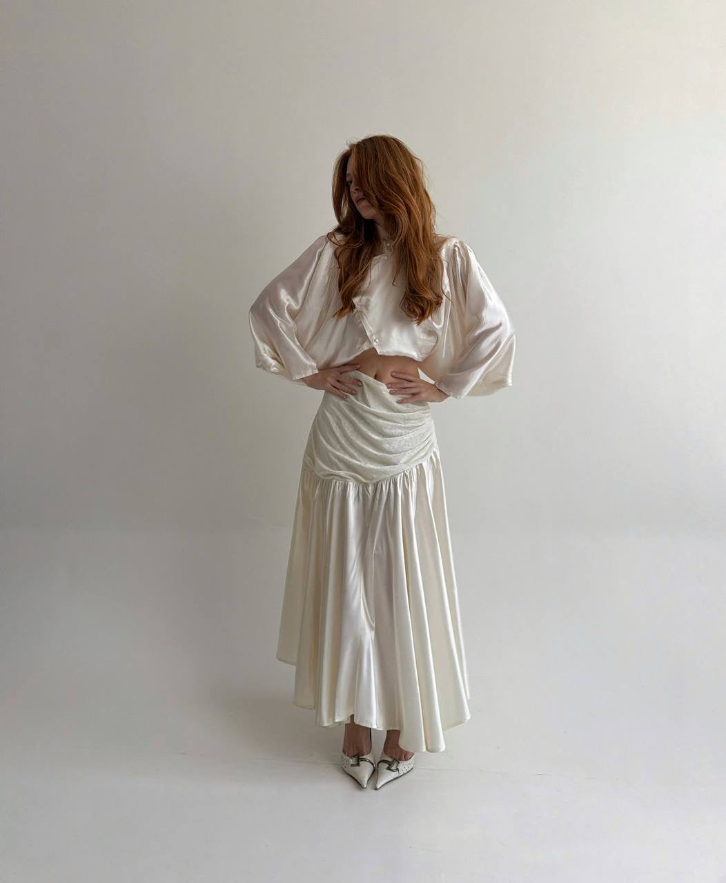 Vintage cream white maxi skirt with lace and eyelet fabric