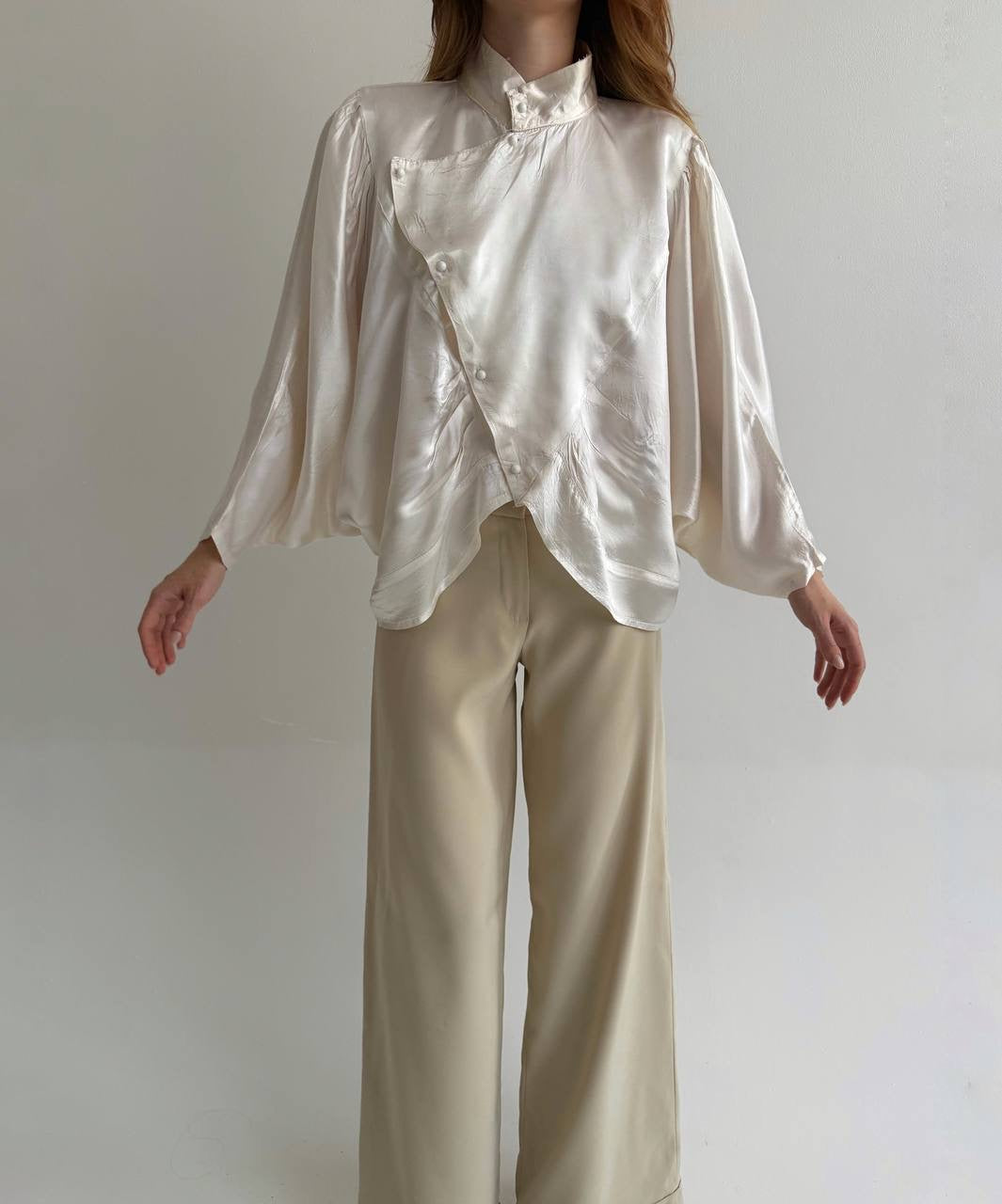 Vintage viscose cream satin asymmetrical blouse