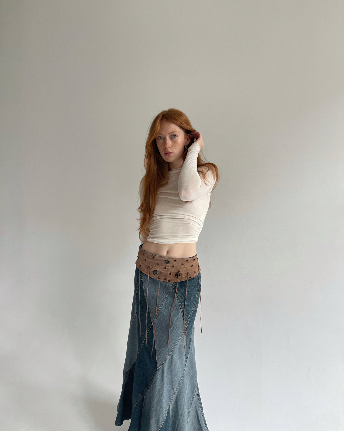 Vintage denim maxi skirt with leather waist part