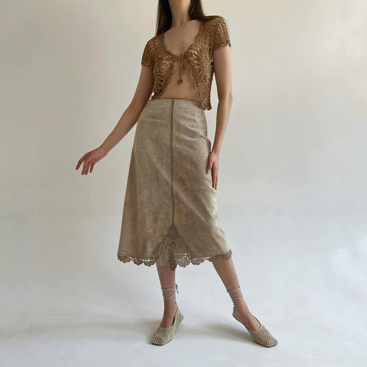 Vintage leather beige midi skirt with crochet detail