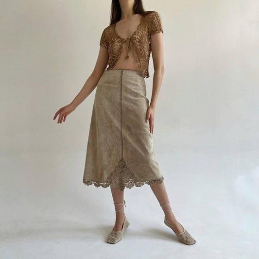 Vintage leather beige midi skirt with crochet detail