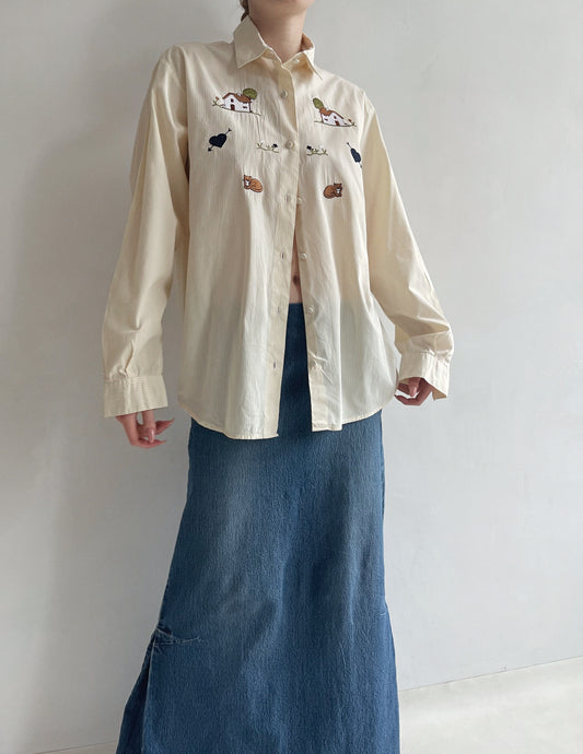 Vintage cotton striped oversized shirt with appliqué embroidery