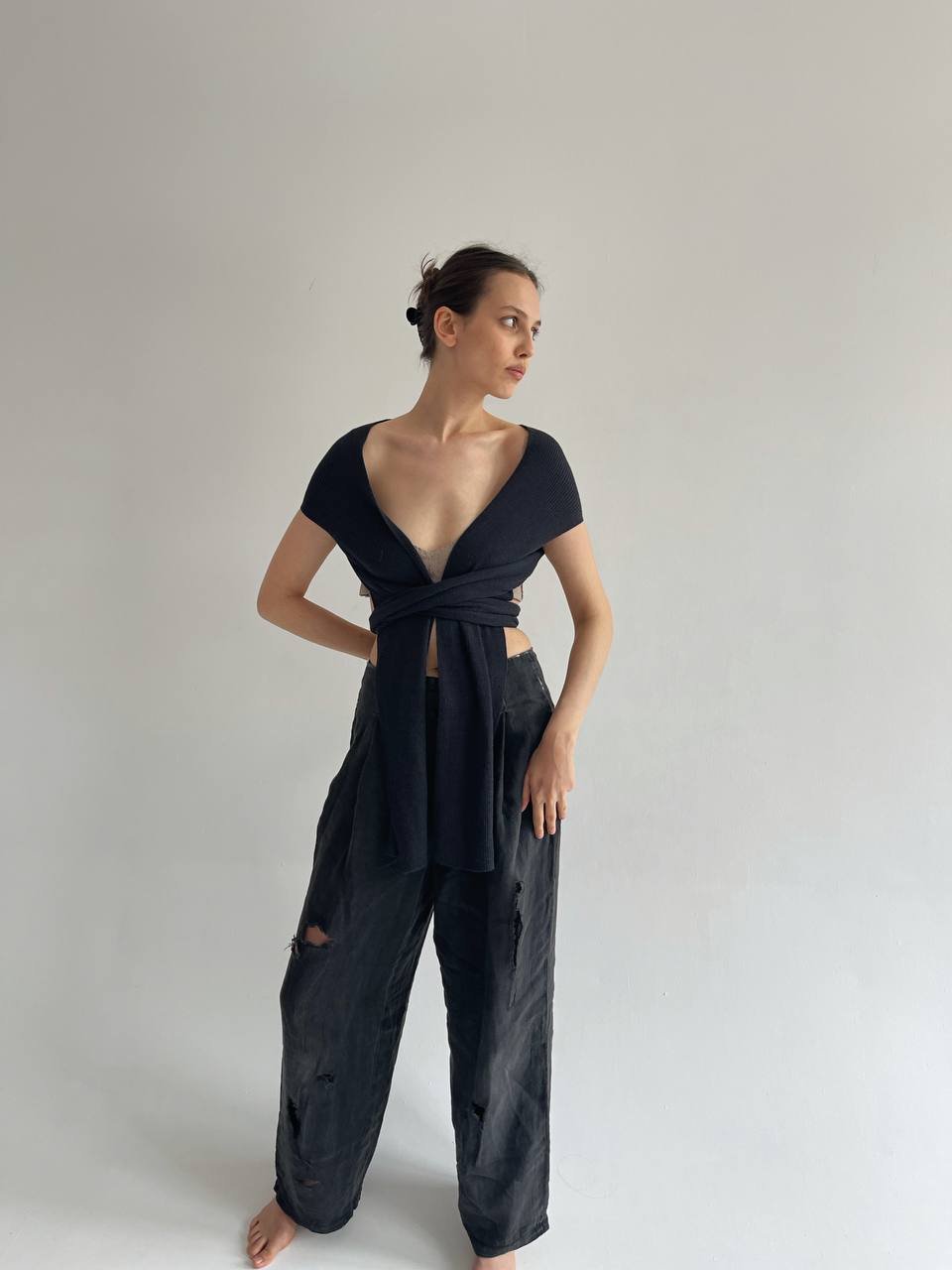 Sarah Pacini navy deconstructed avant garde cardigan