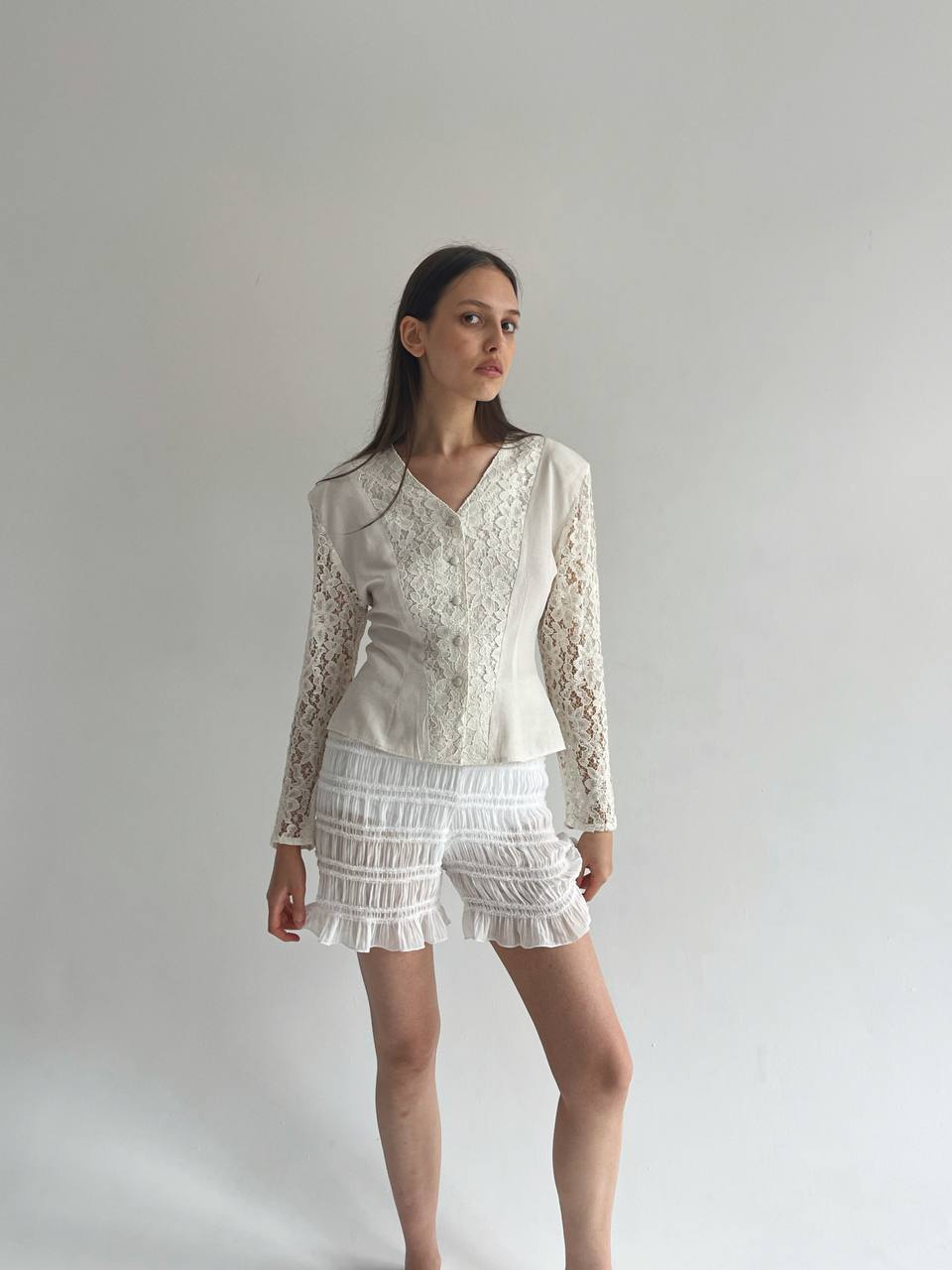 Vintage cotton blouse with lace detailing and shoulder pads