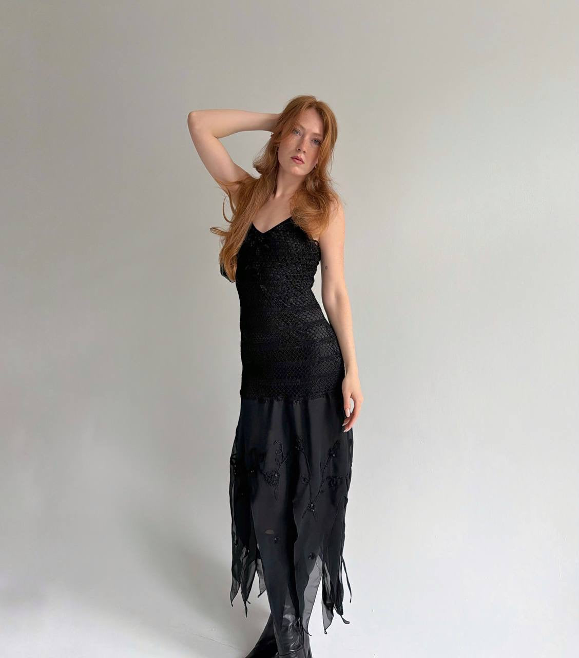 Vintage black 100% rayon asymmetrical long dress
