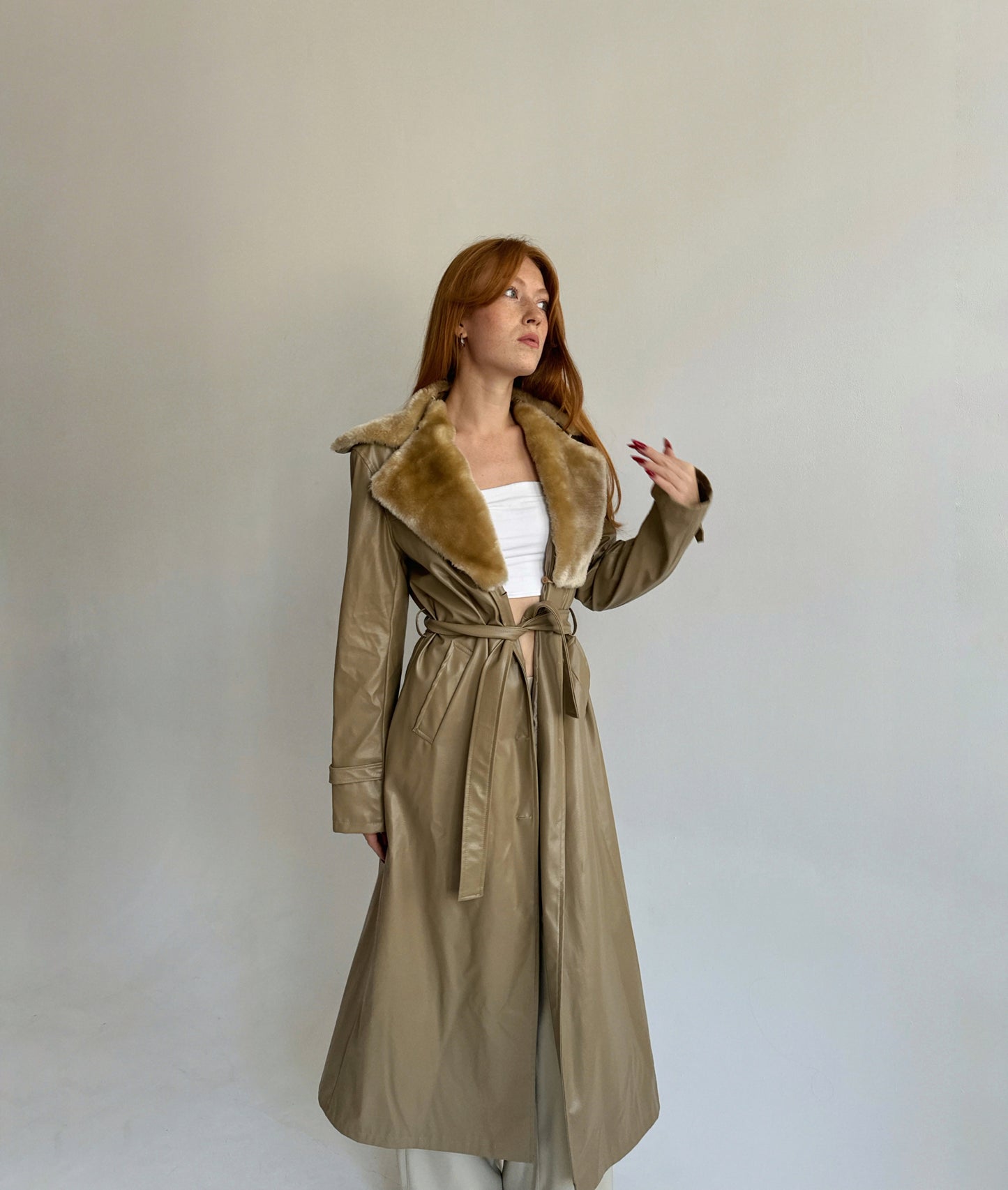 Vintage beige faux leather trench coat