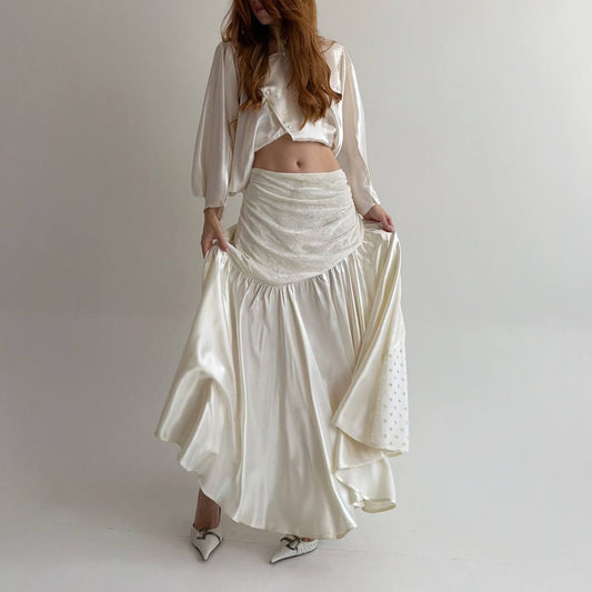 Vintage cream white maxi skirt with lace and eyelet fabric