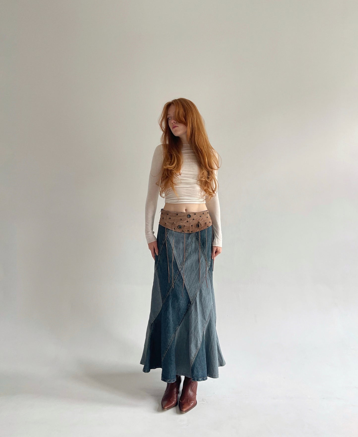 Vintage denim maxi skirt with leather waist part