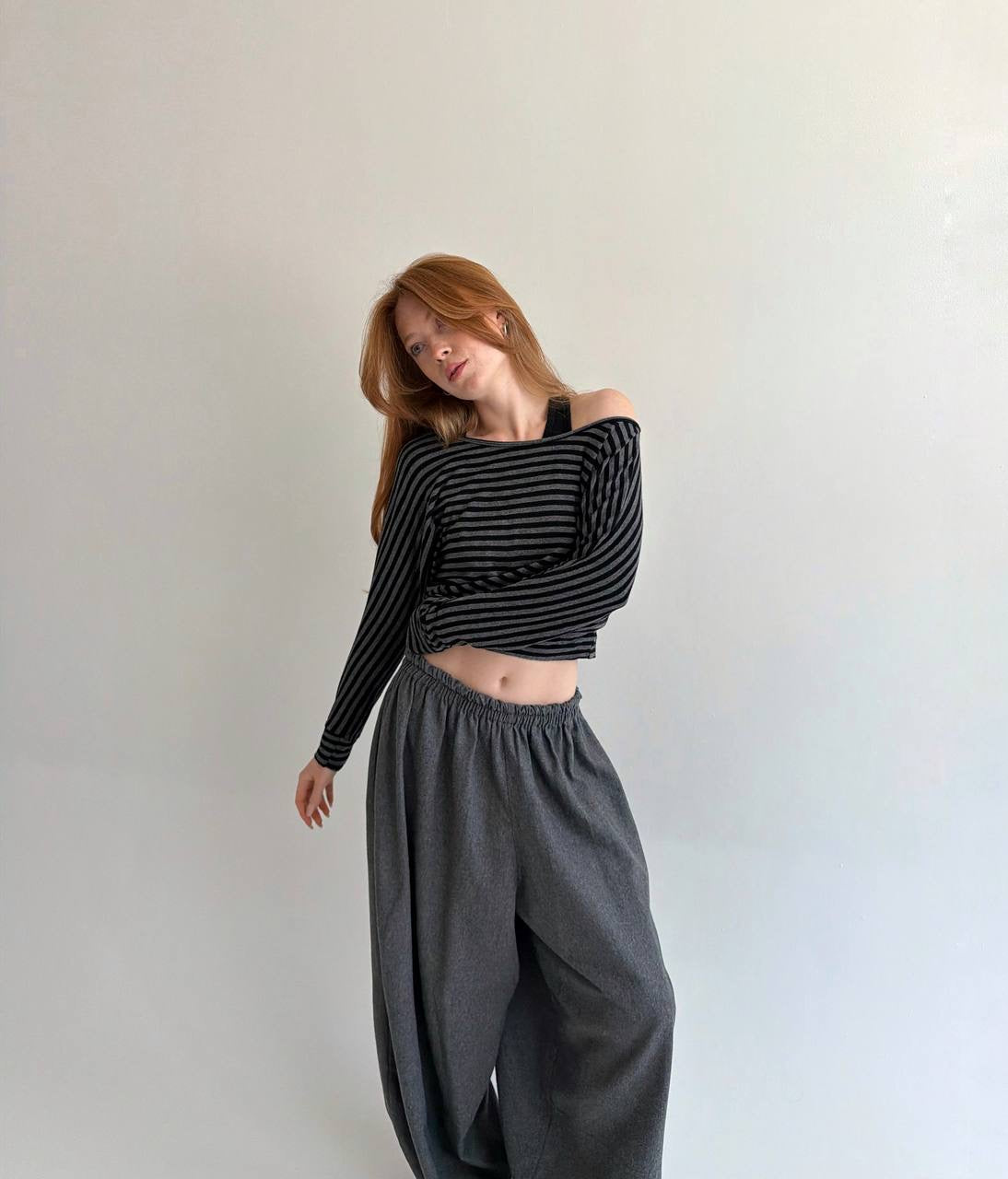 Vintage striped cropped long sleeve blouse