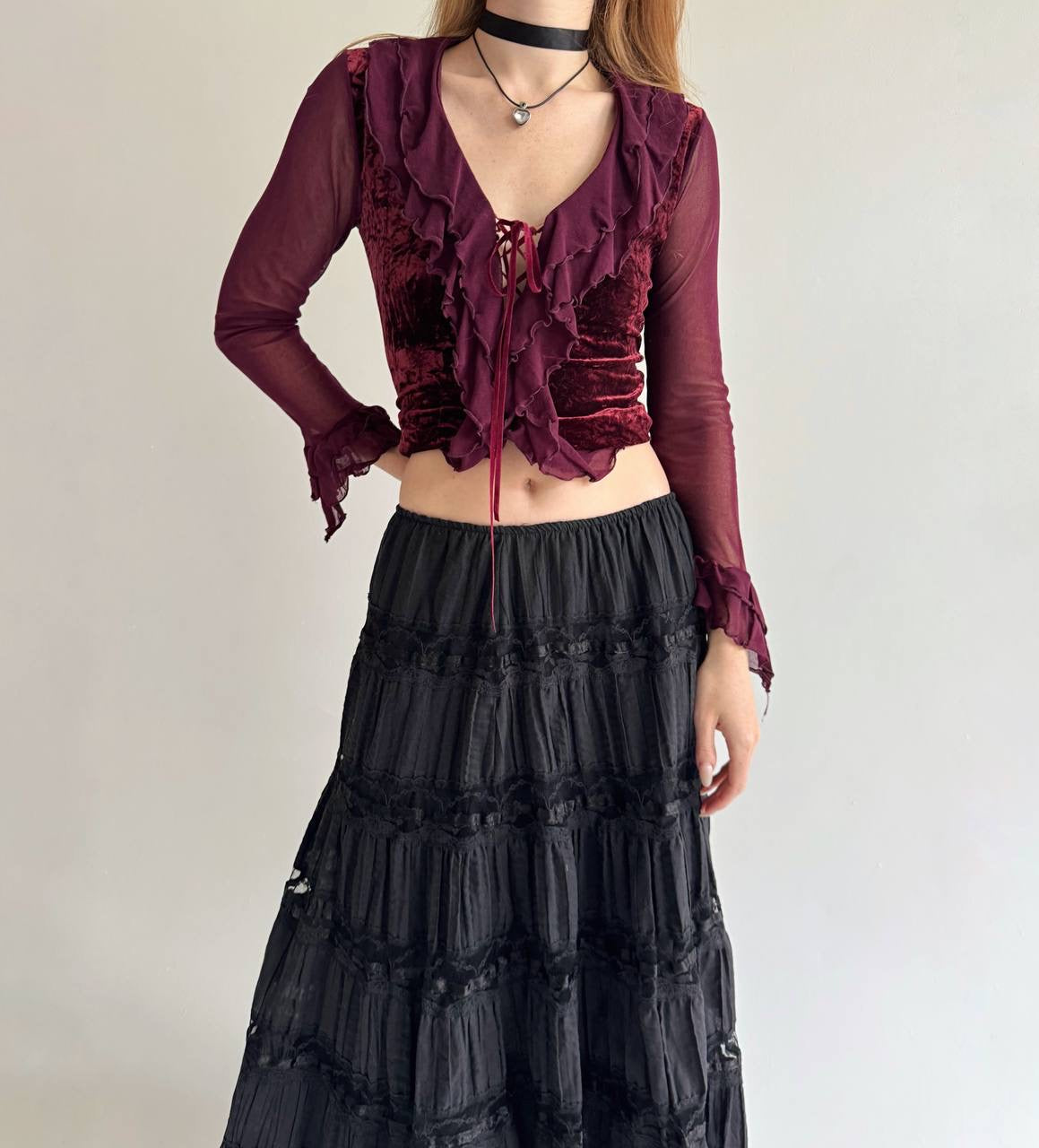 Vintage cotton maxi skirt with lace