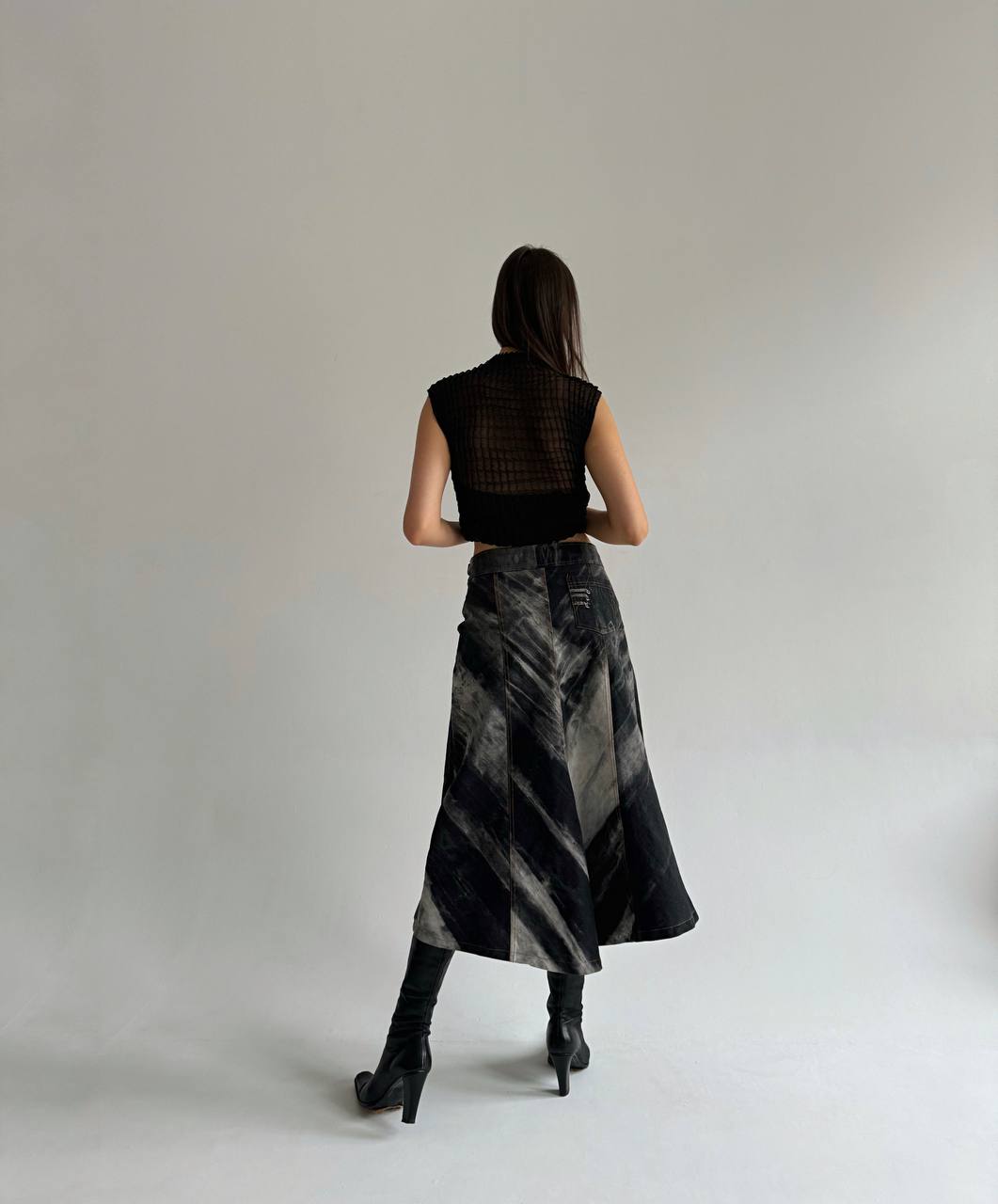 Vintage washed denim asymmetrical midi skirt