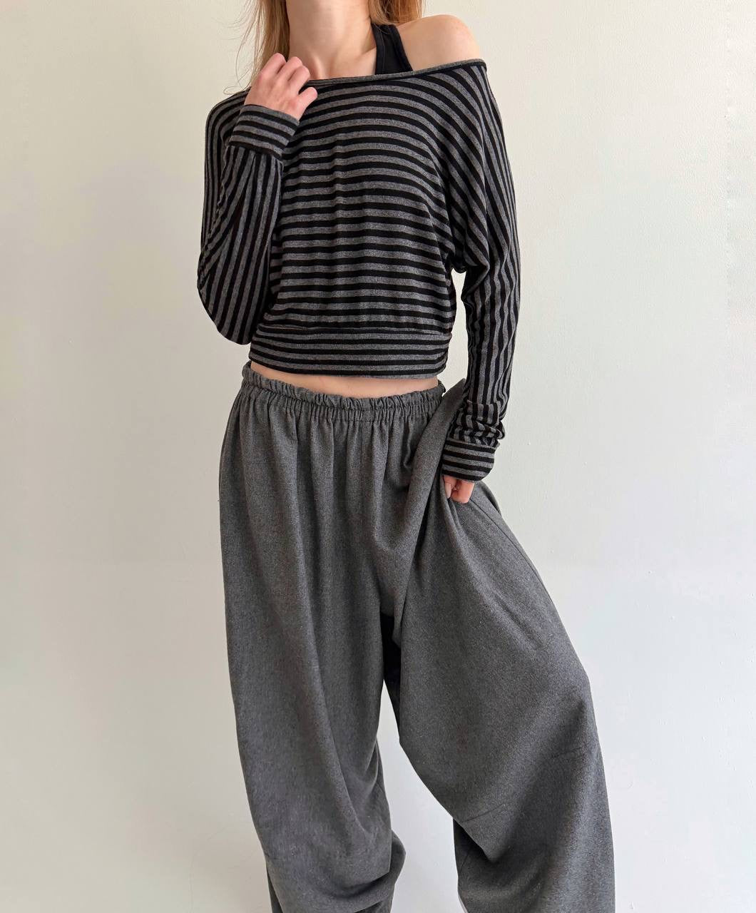 Vintage striped cropped long sleeve blouse
