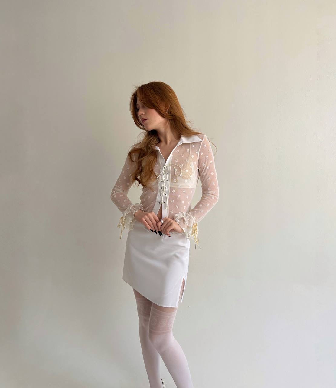 Y2K white mesh blouse with flower pattern