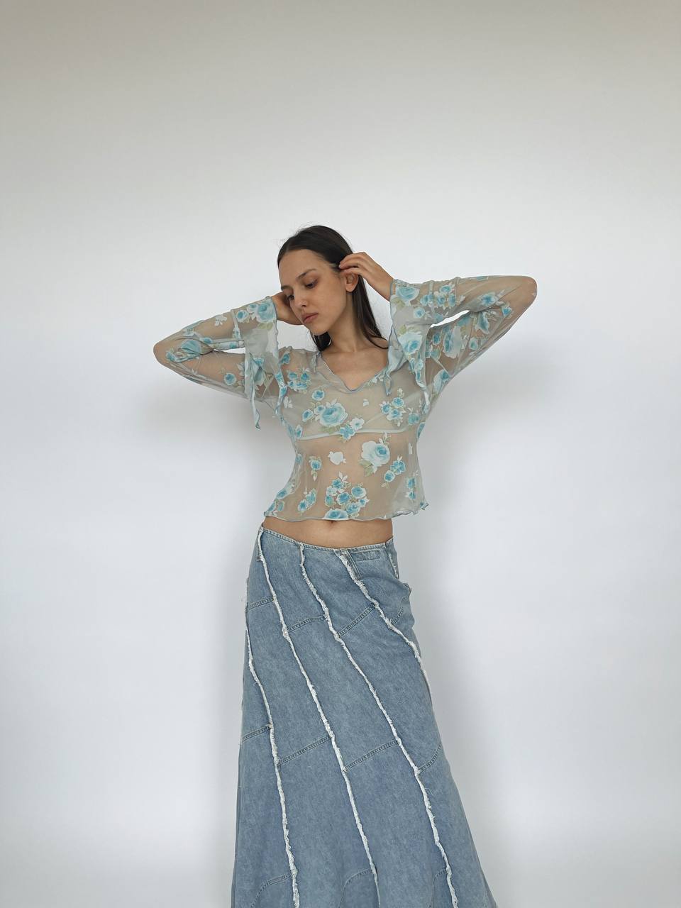 Vintage light denim maxi mermaid cut skirt