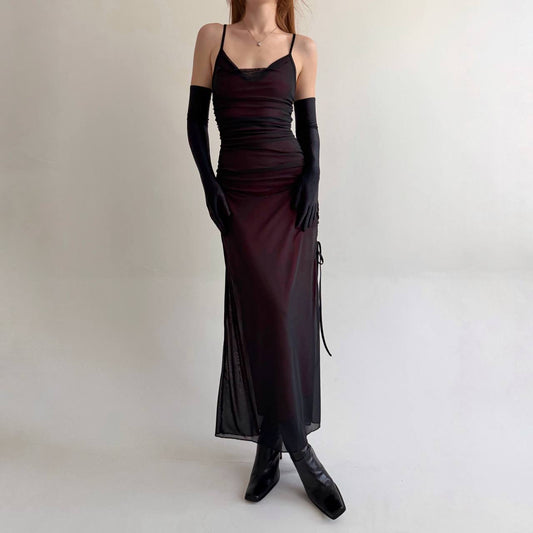 Vintage long fitted dress with side gathering