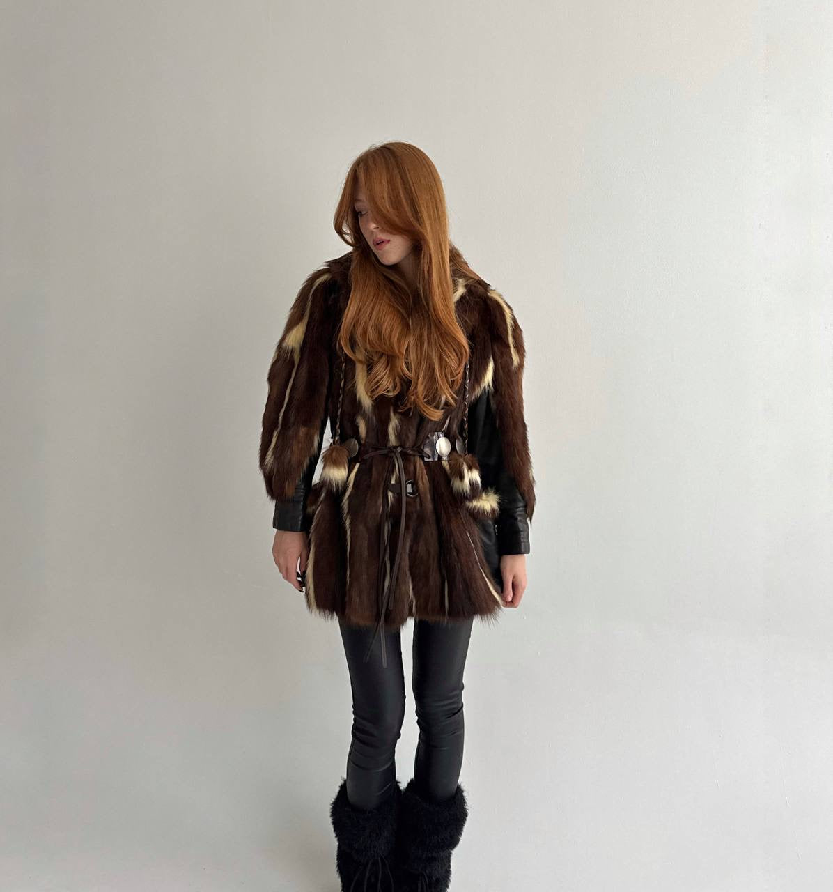 Vintage real fur coat with tortoise shell belt