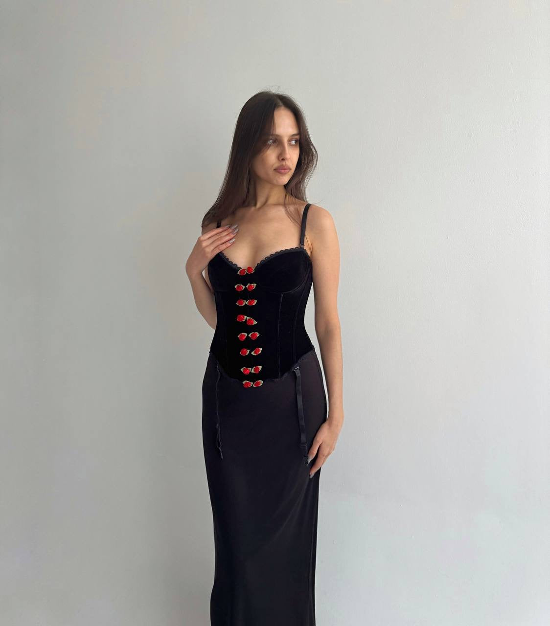 Vintage velvet corset with red roses
