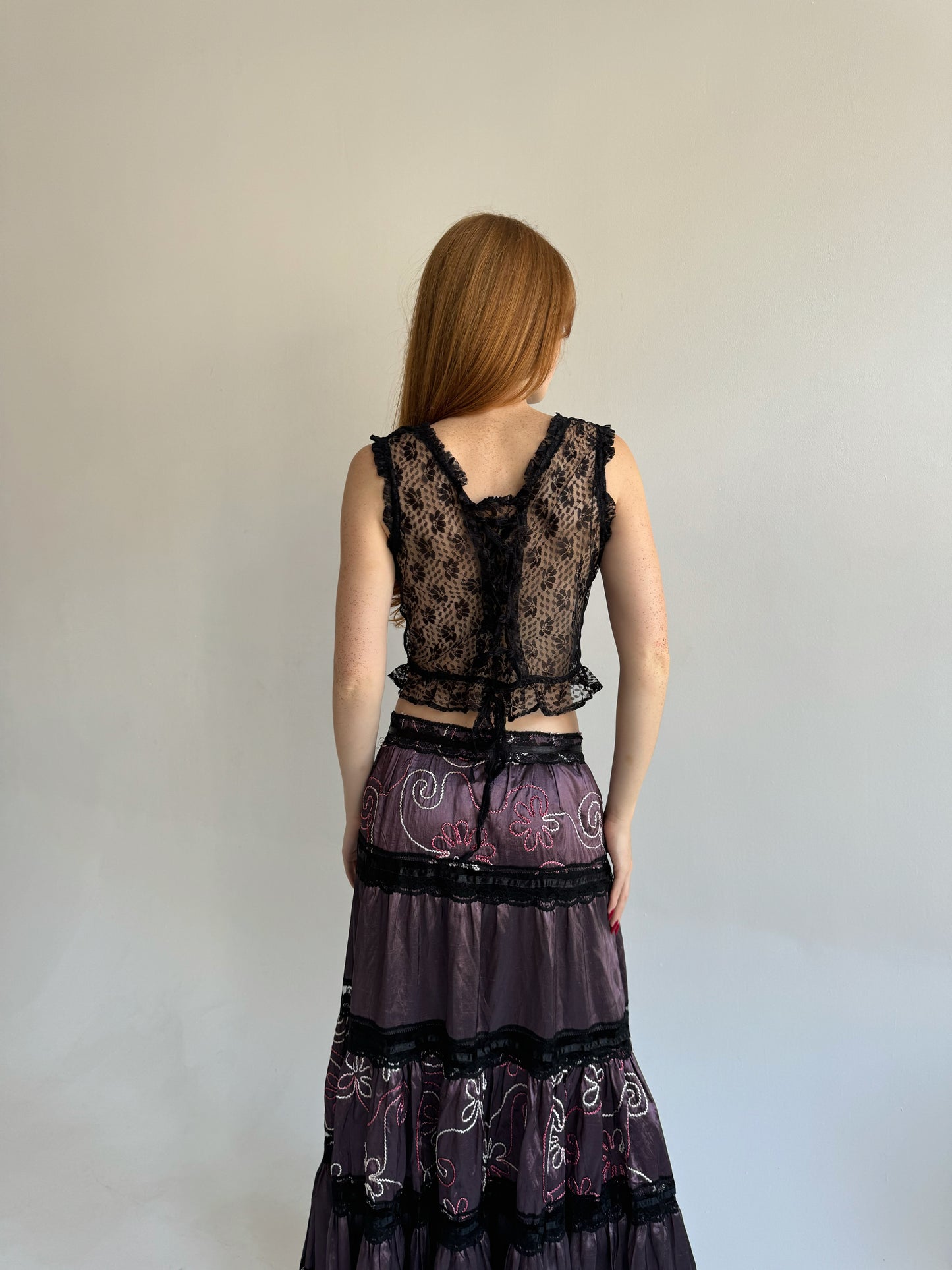 Vintage black lace sleeveless transparent top