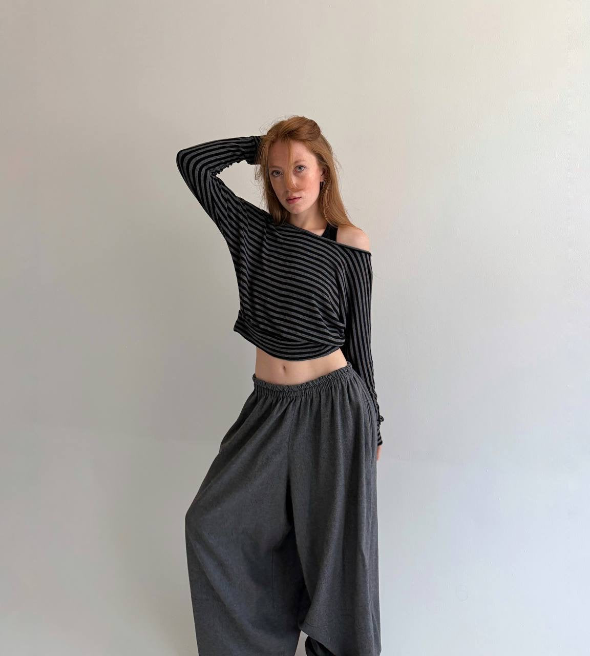 Vintage striped cropped long sleeve blouse