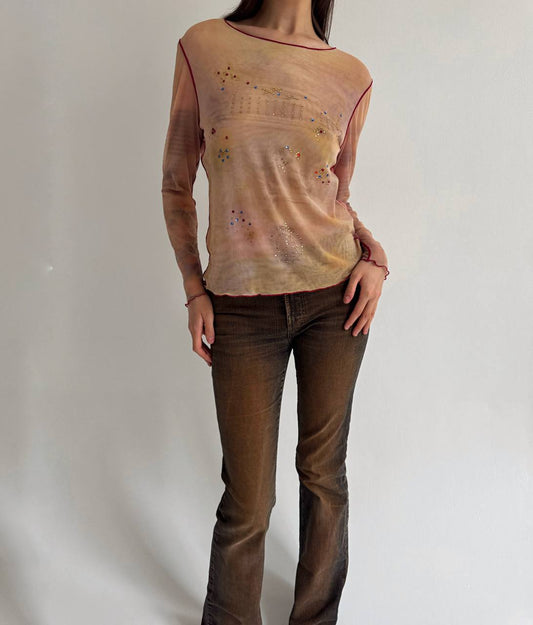 Vintage abstract mesh blouse with rhinestones