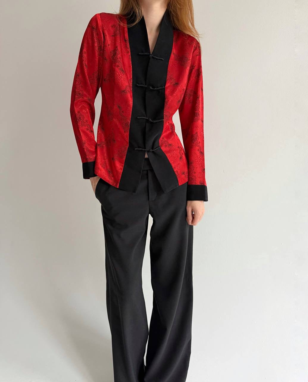 Vintage kimono style red satin blouse