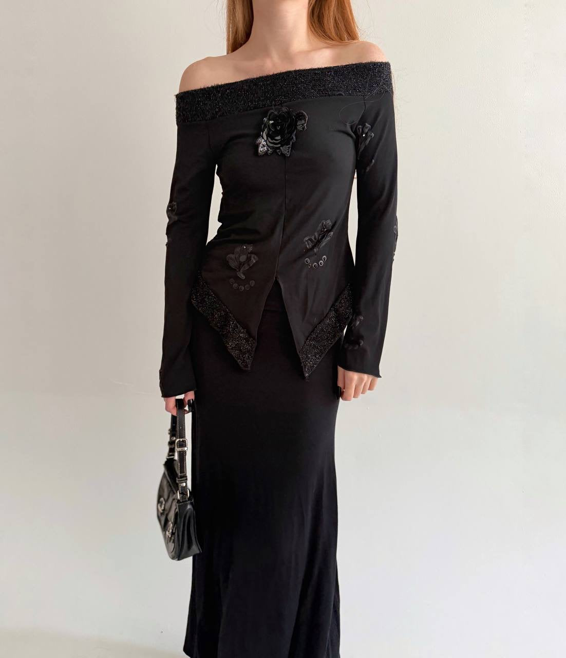 Y2K made in Italy black blouse with flower appliqué