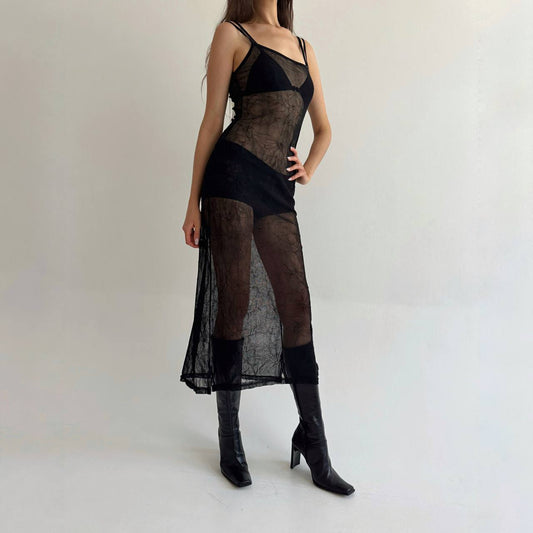 Vintage mesh crinkle fabric dress
