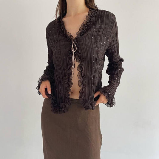 Vintage pleated blouse with sequins and ruffles