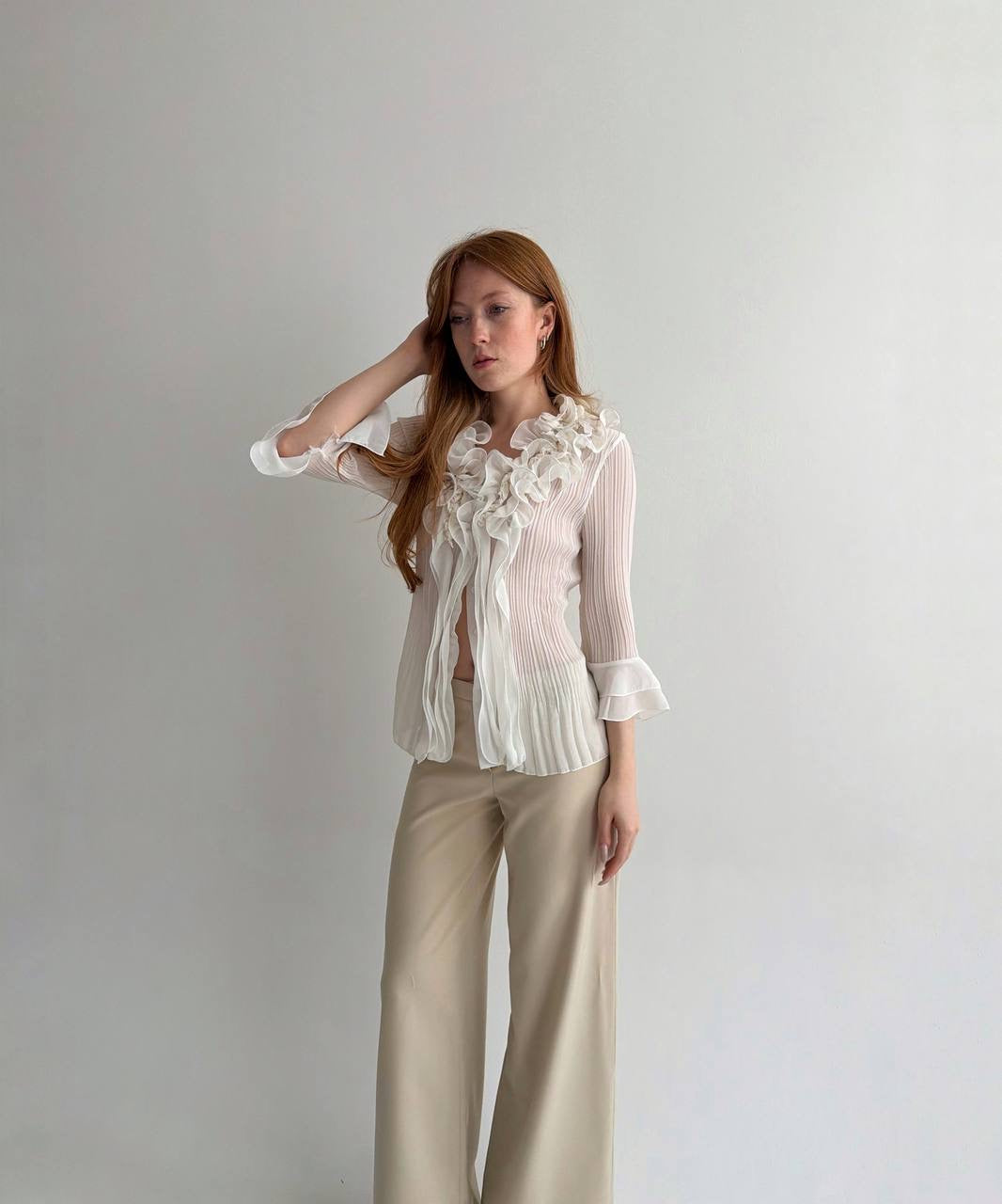Vintage white pleated blouse with ruffles