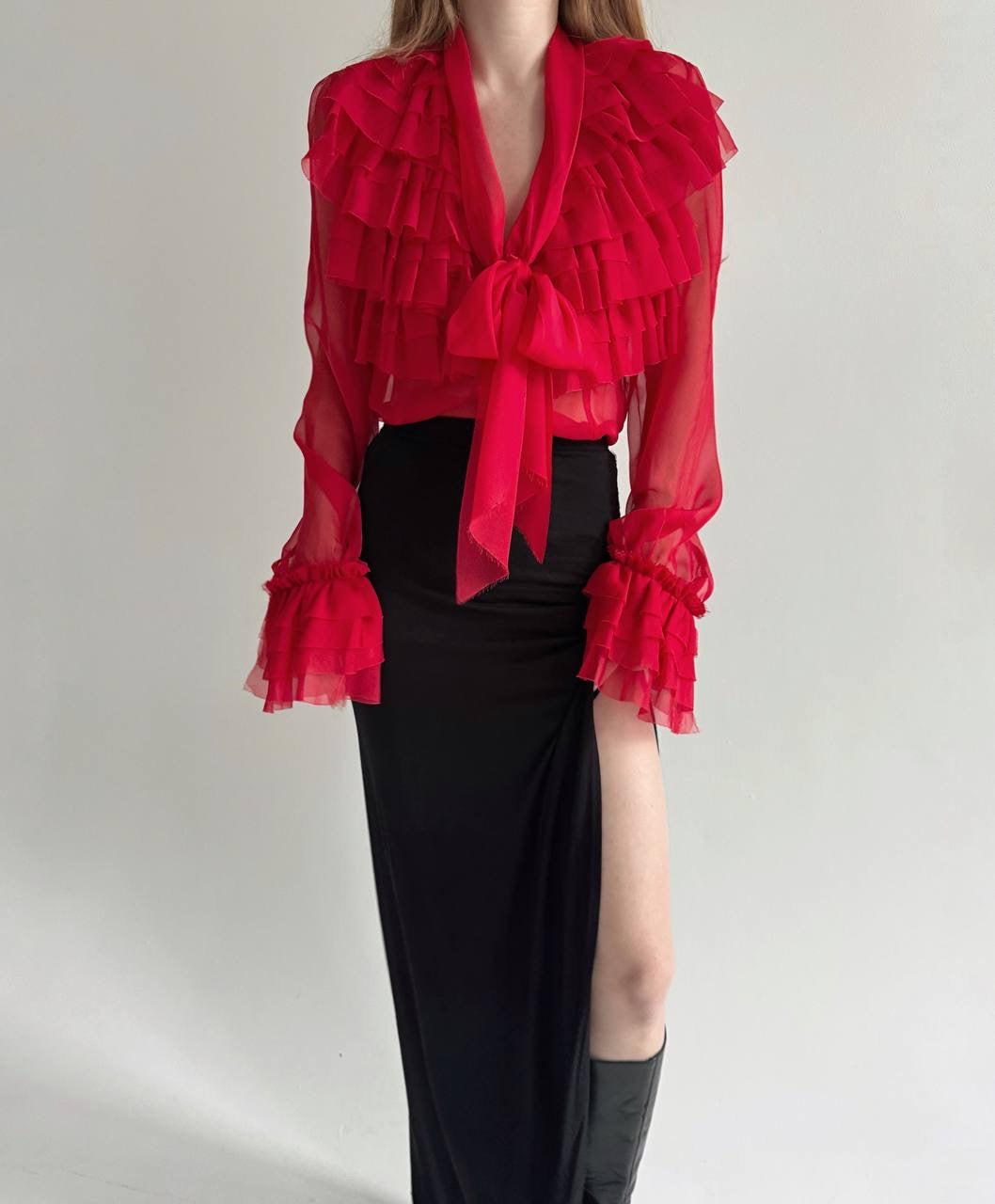 Vintage semi transparent red blouse with raw trim ruffles and chest bow