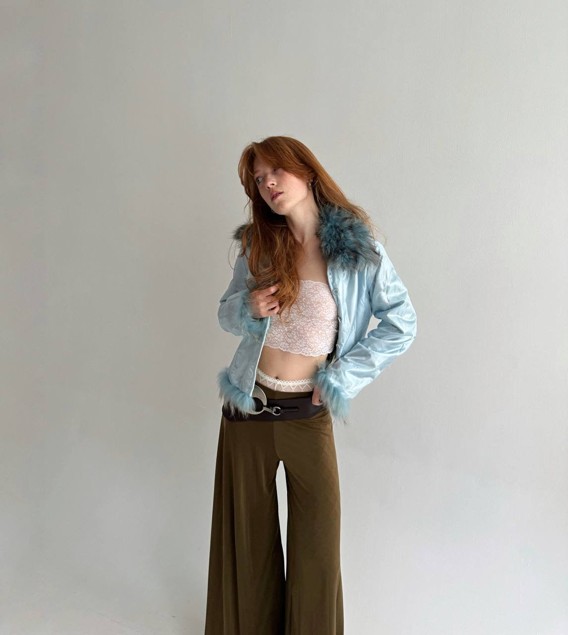 Vintage baby blue satin jacket with mixed faux