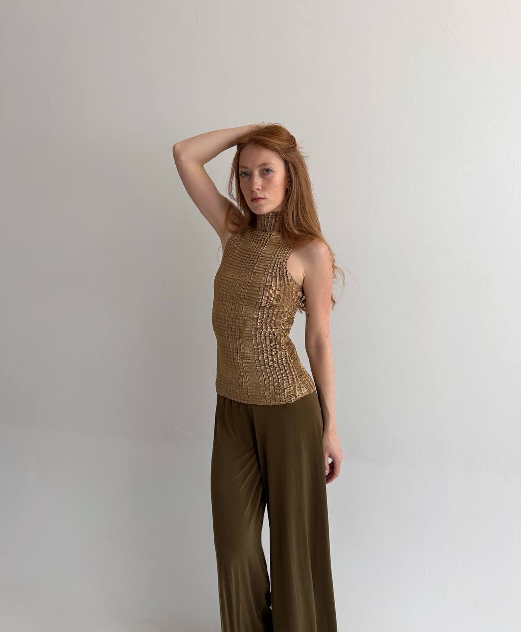 Vintage beige bronze pleated avant garde top