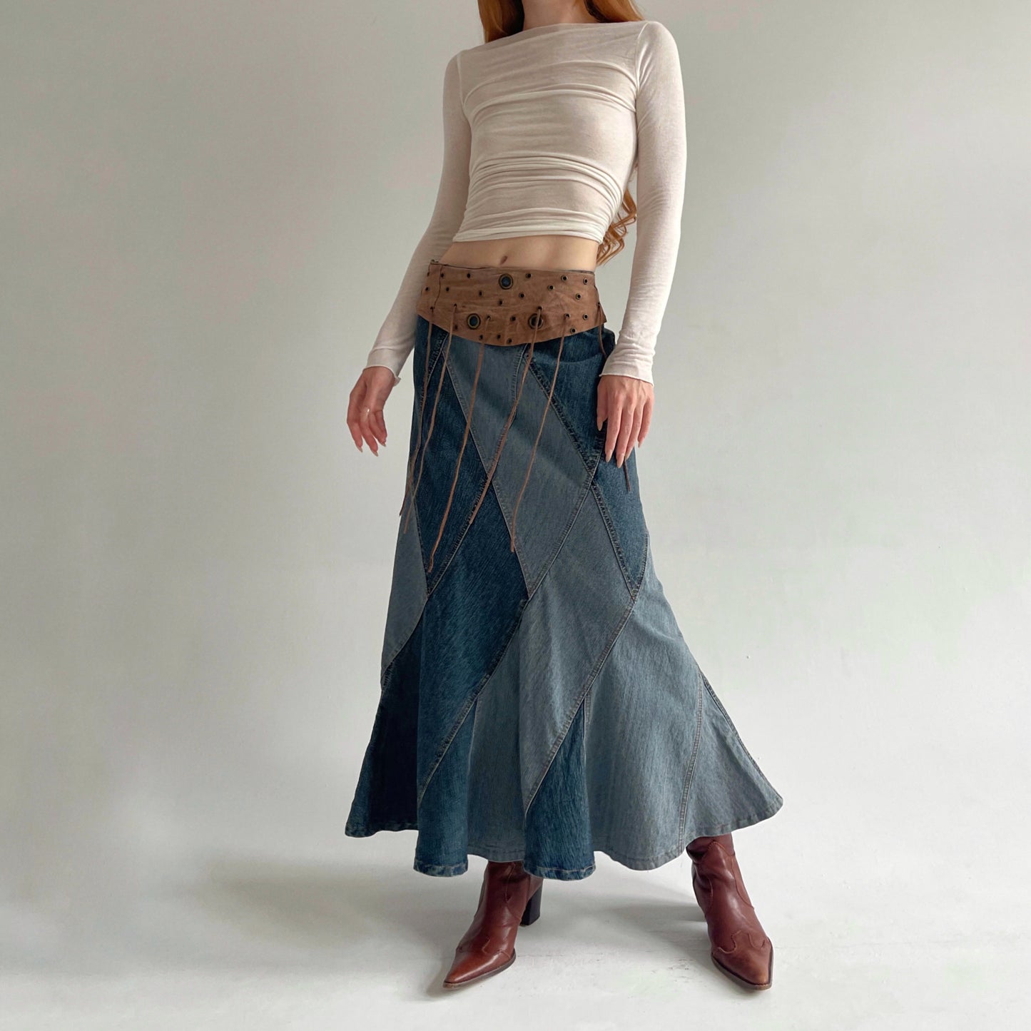 Vintage denim maxi skirt with leather waist part