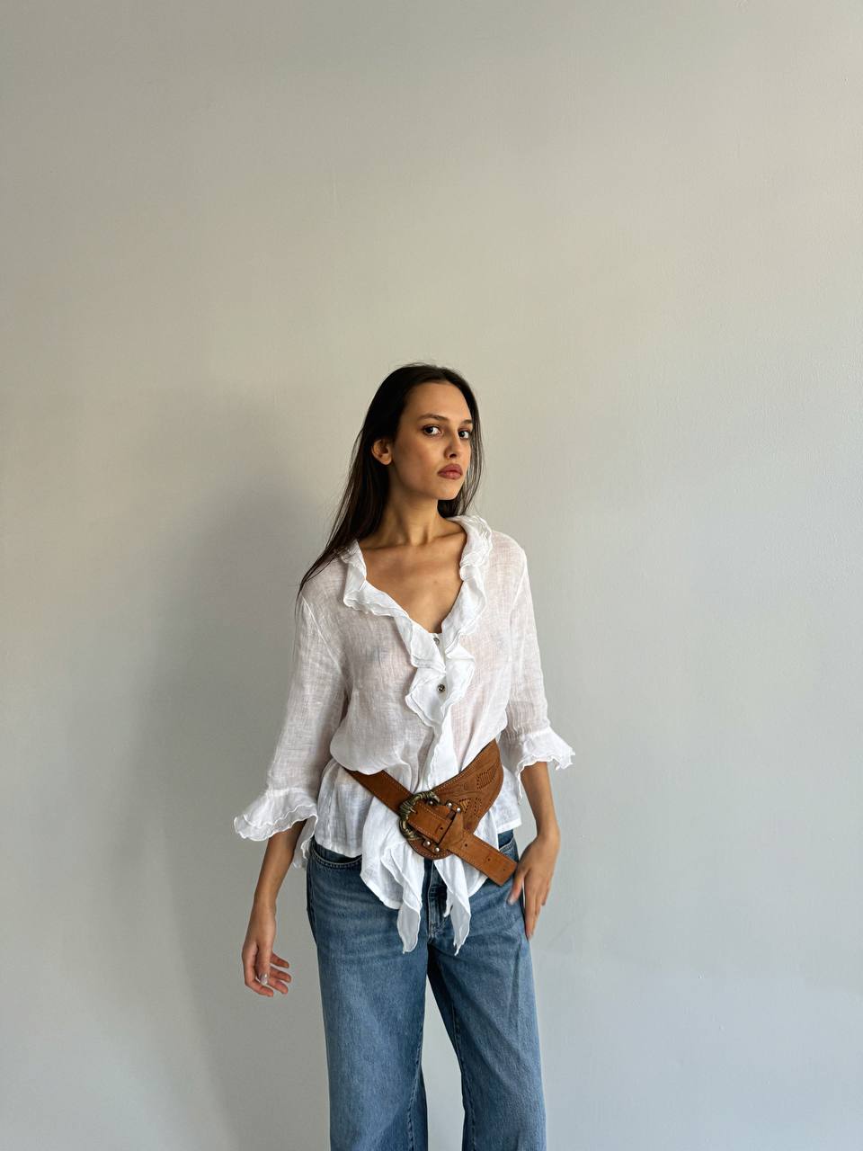 Vintage linen white blouse with ruffles