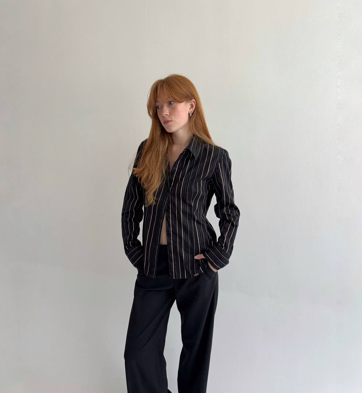 Vintage striped 55% cotton black shirt