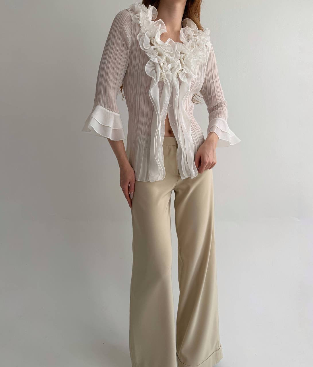 Vintage white pleated blouse with ruffles