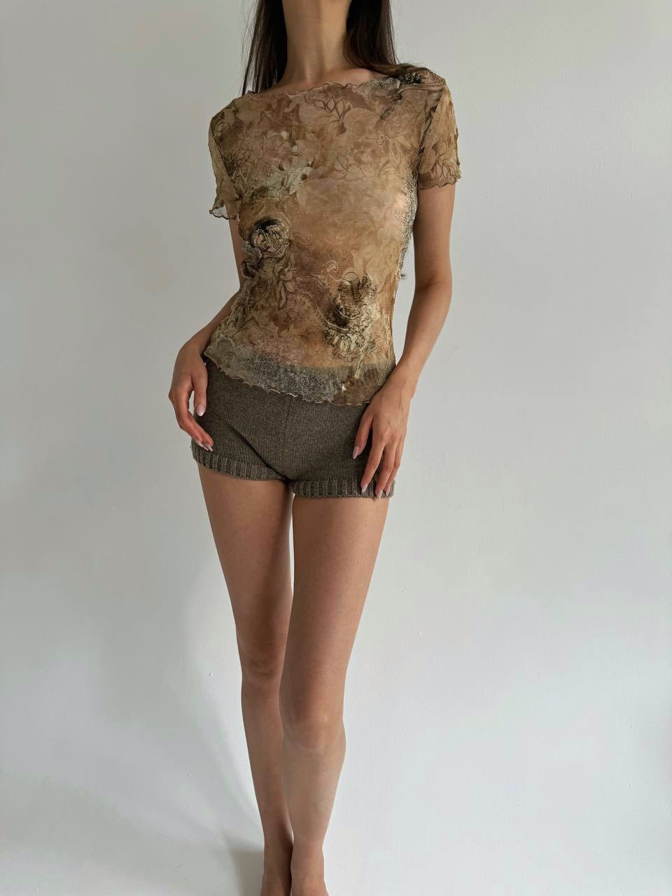 Vintage mesh flower pattern tan blouse