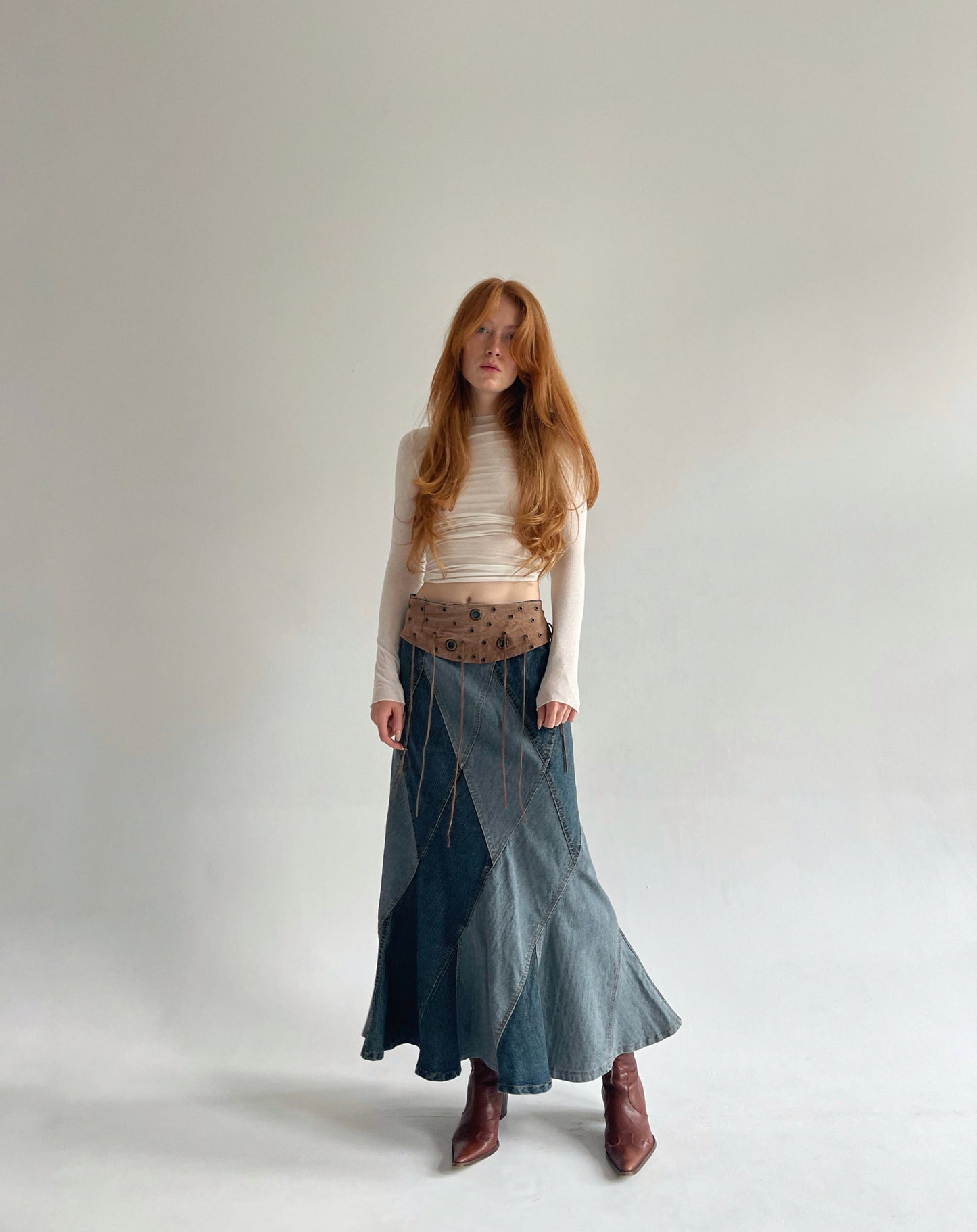 Vintage denim maxi skirt with leather waist part