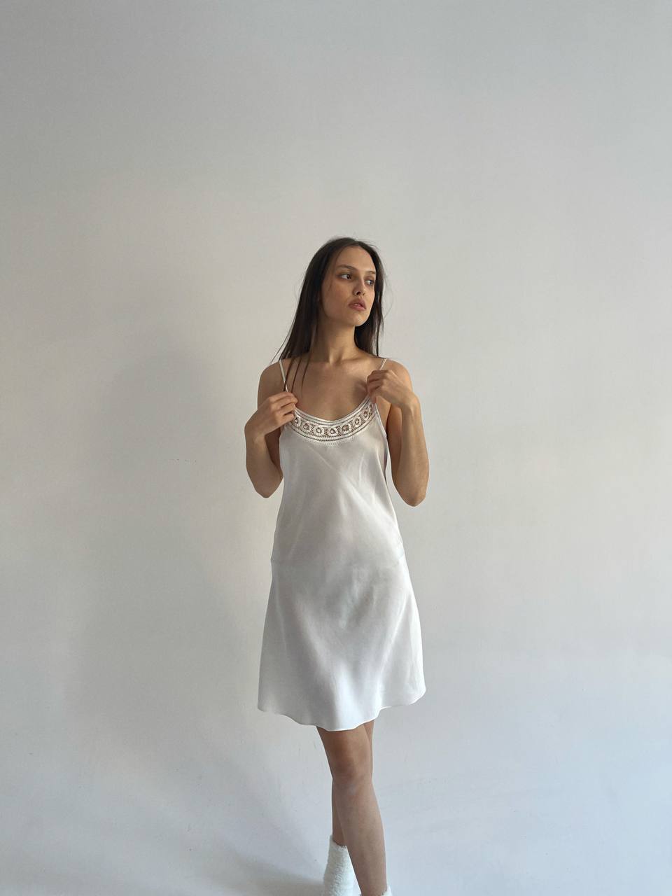 Vintage 100% pure silk milky nigh dress with chest embroidery