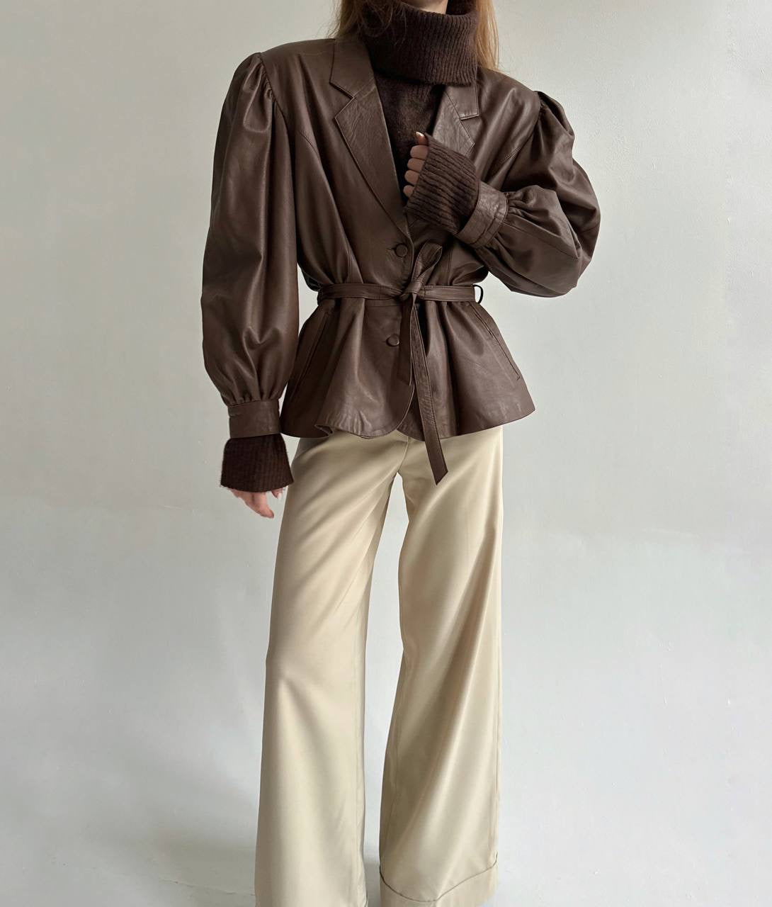 Vintage faux leather jacket with waist tie