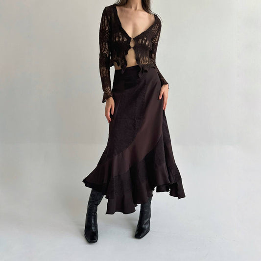 Vintage brown ruffled maxi skirt