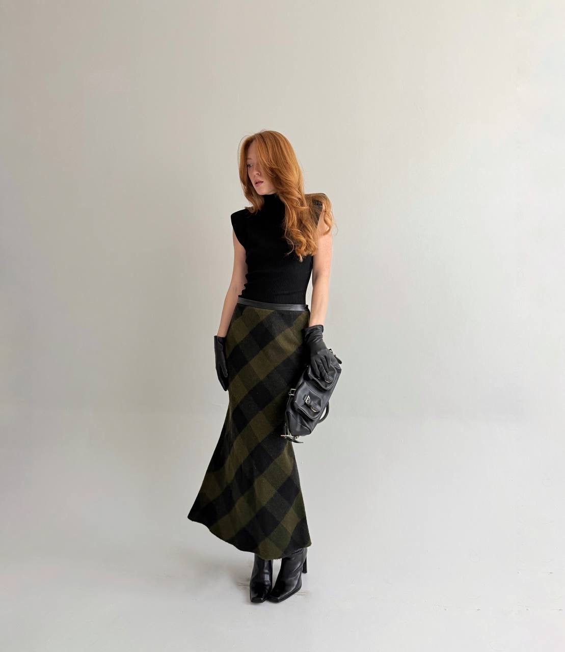 Vintage dark green khaki checked maxi skirt