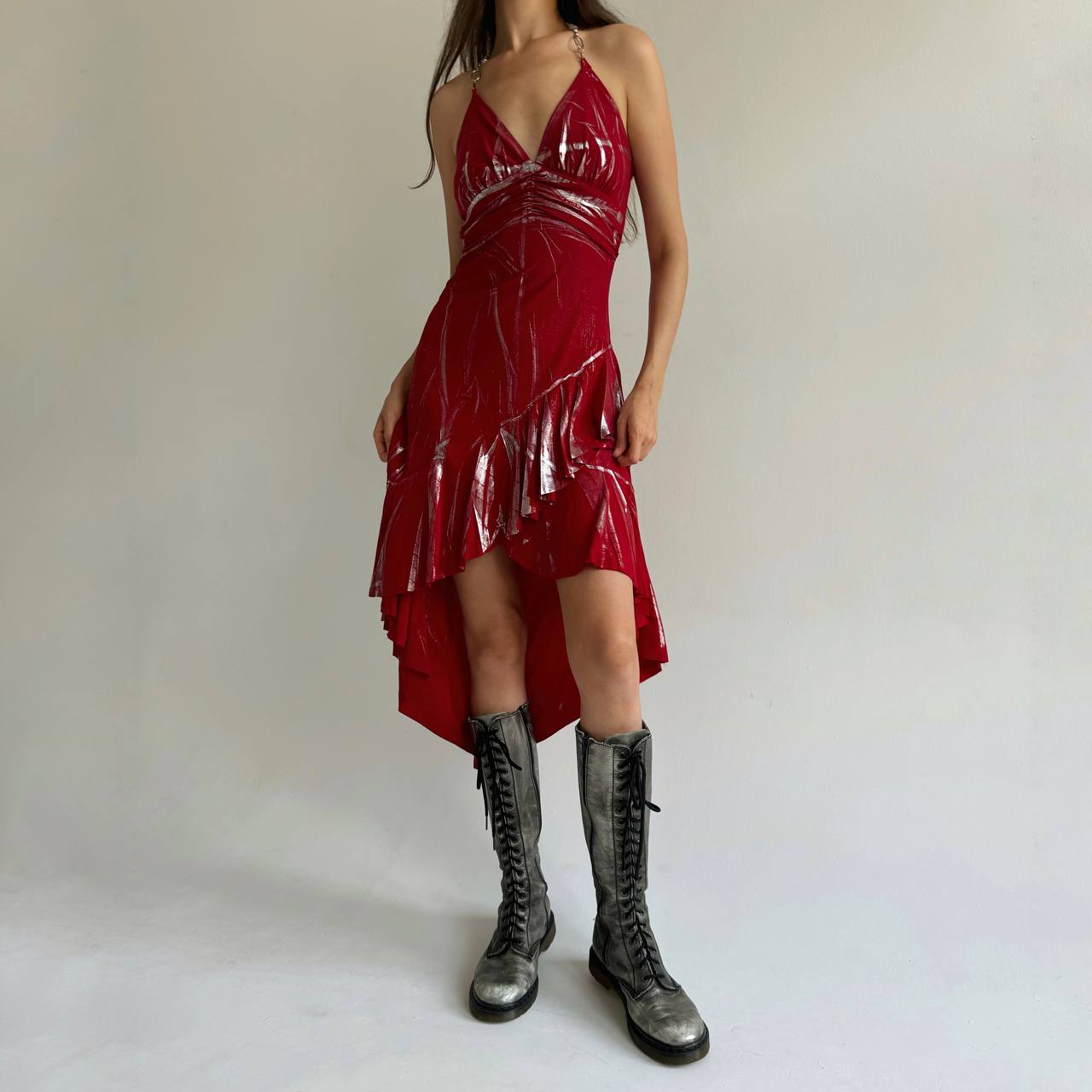 Vintage asymmetrical red dress with metallic details and crystal chain strap