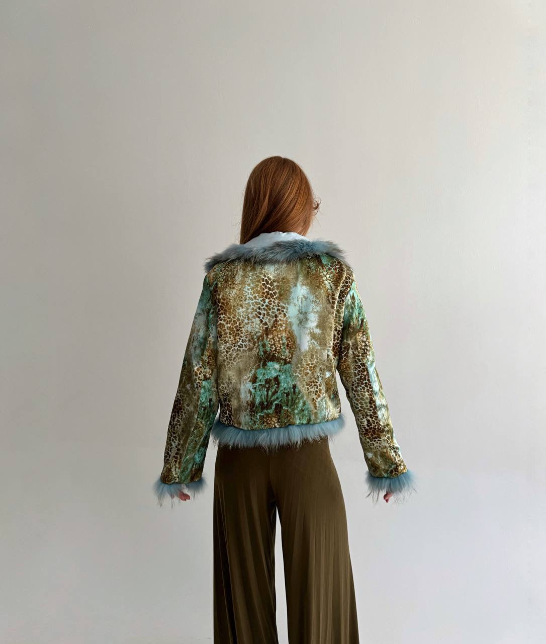 Vintage baby blue satin jacket with mixed faux