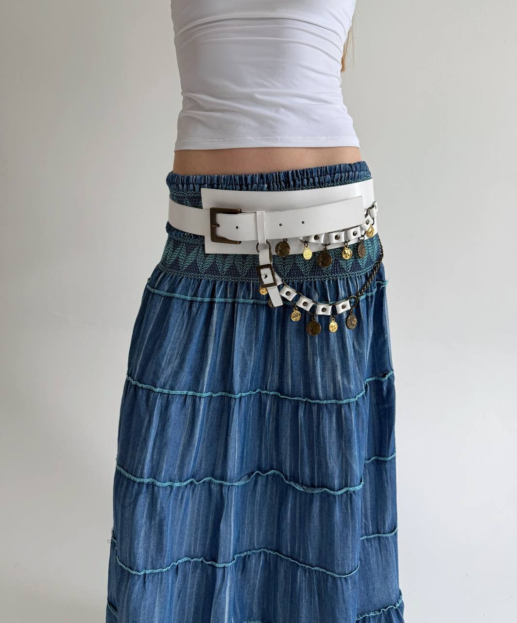 Vintage asymmetrical leather white belt