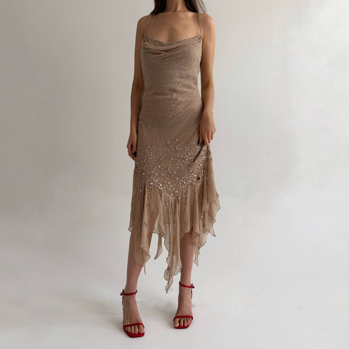 Vintage pure silk nude beaded dress