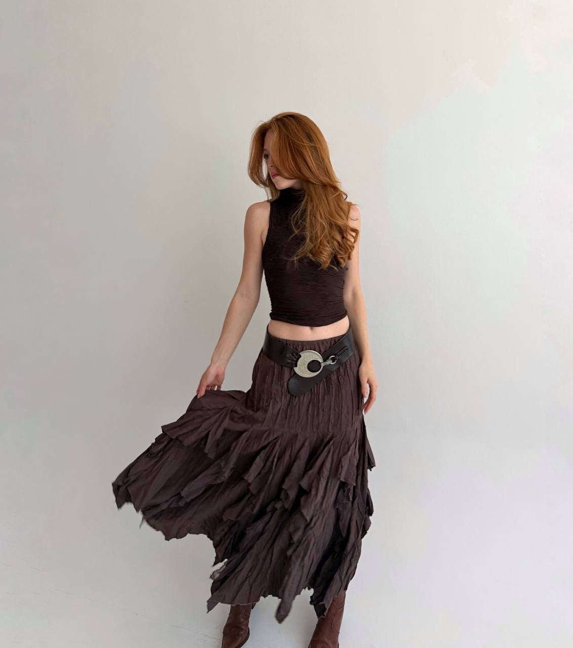 Vintage brown asymmetrical long skirt