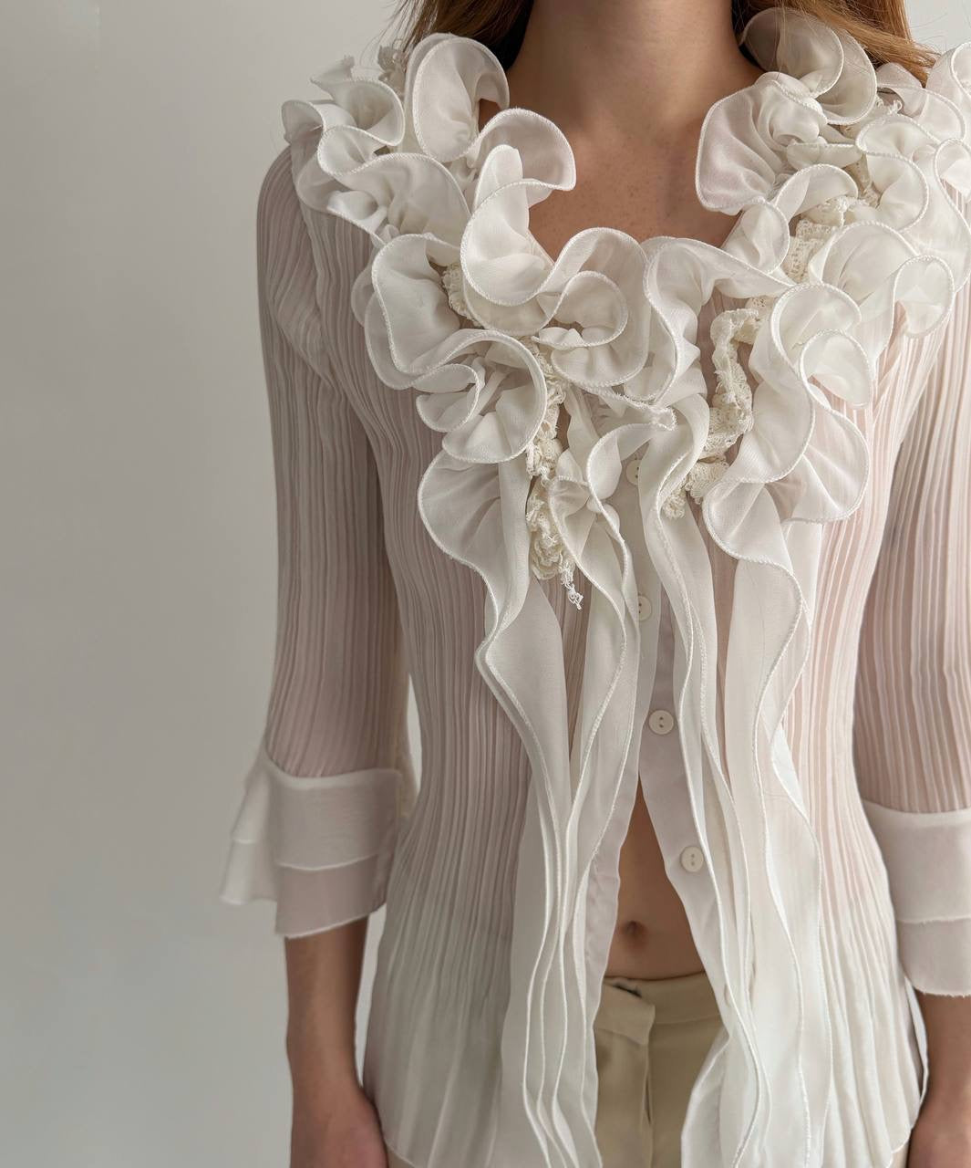 Vintage white pleated blouse with ruffles