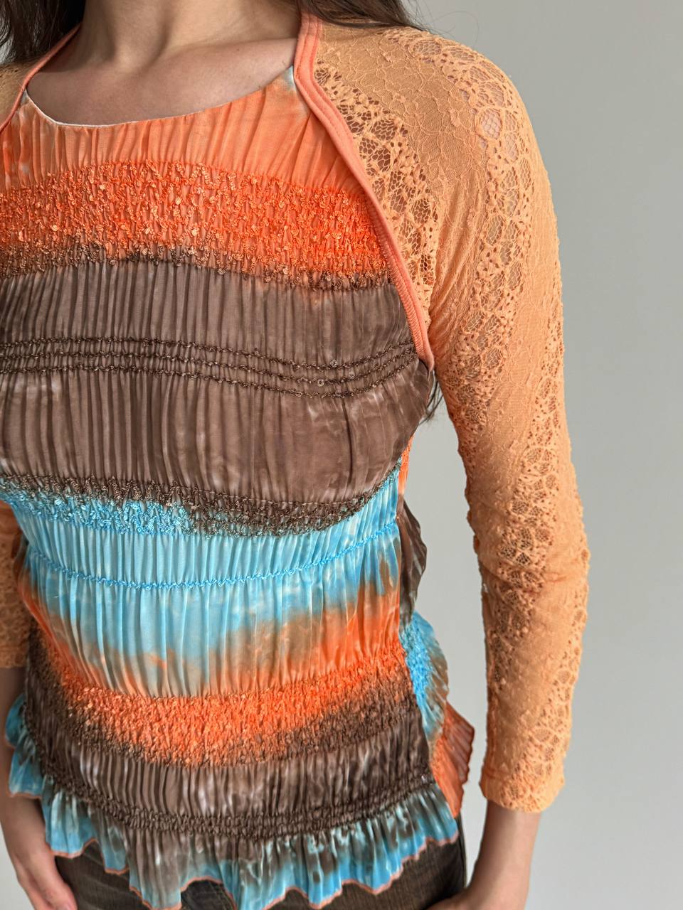 Vintage orange tie dye gathered lace top