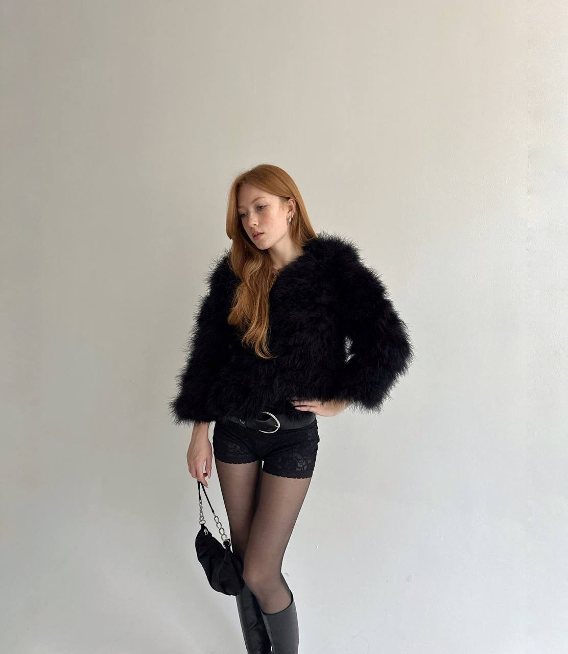 Vintage real feather black chic jacket